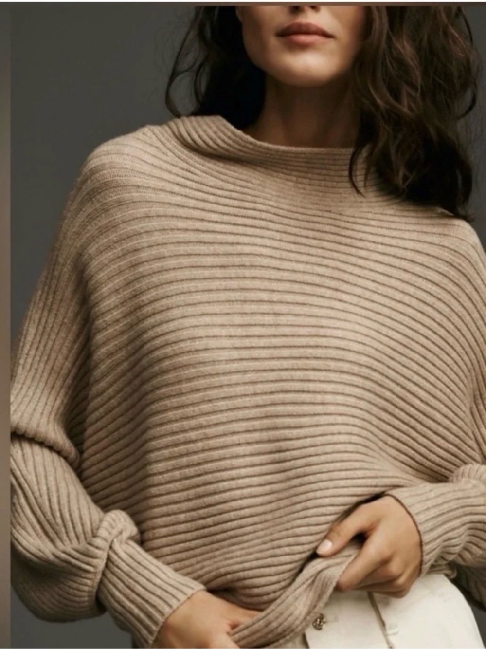 Anthropologie Kendall Batwing Ribbed Funnel Neck Sweater in Beige
